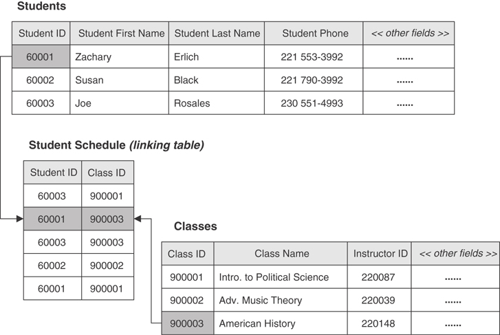 A figure shows the relationship established between two tables with the help of a linking table.