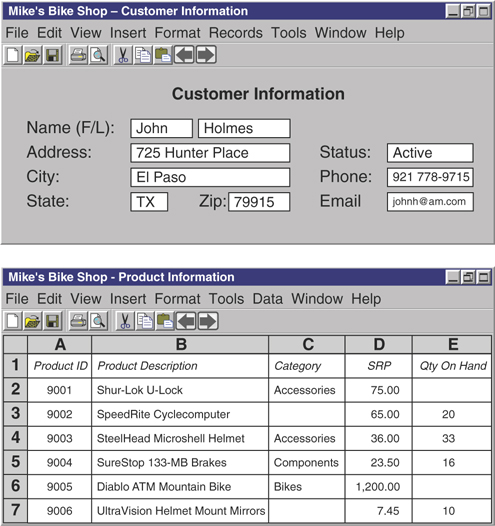A typical database screen used to manage and store data is shown.