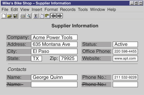 A revised database screen displaying supplier information and contacts is shown.