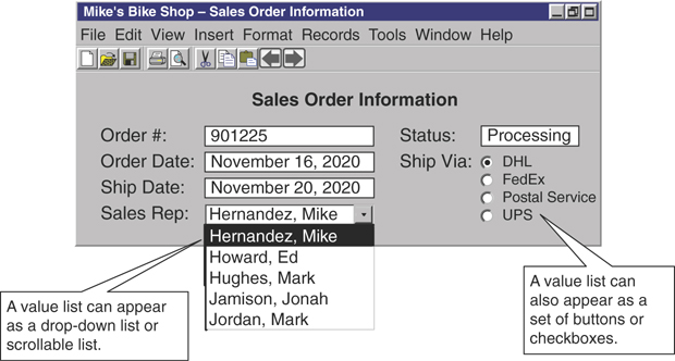 A database screen displaying the sales order information with two value lists is shown.