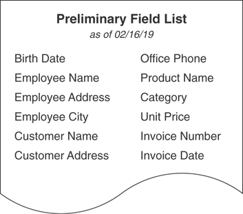 The field list of the preliminary table is depicted.