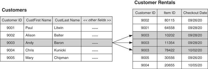 An example of a one-to-many relationship between the customers and customer rentals tables.