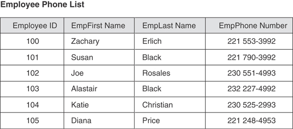 A table presents information from the employee phone list. The virtual table for the employee phone list includes data such as employee ID, employee first name, employee last name, and employee phone number. Six entries are listed.