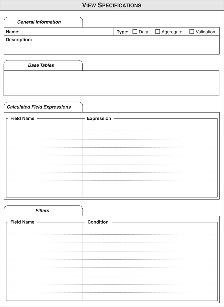 An example of a view specifications sheet is given.