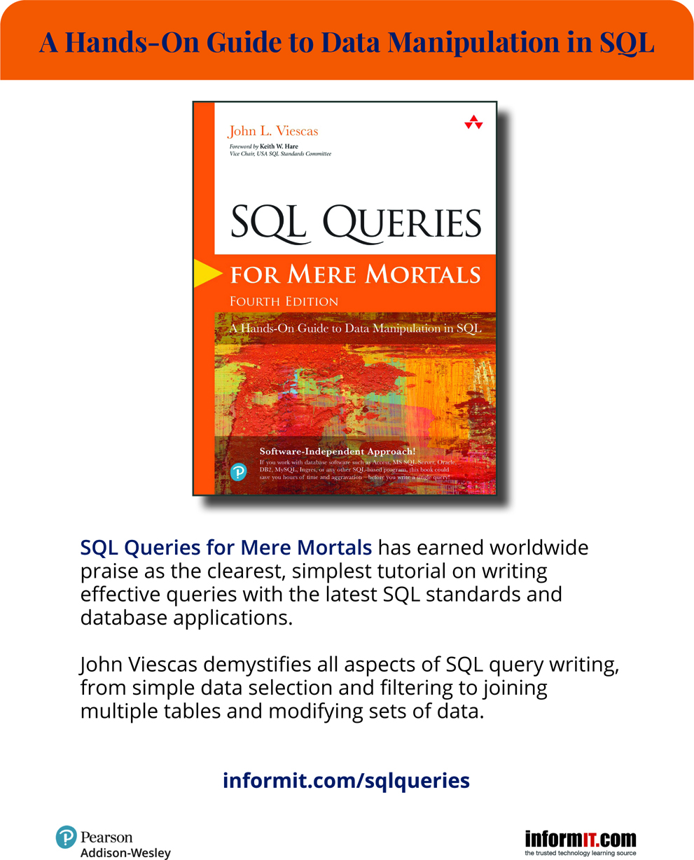 A page shows the cover page of a hands-on guide to data manipulation in SQL titled “SQL queries for mere mortals,” fourth edition by John L. Viescas. A description of the SQL queries for mere mortals is also given along with its link.