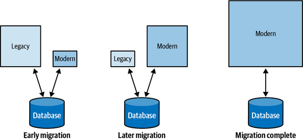 Both the legacy and the modernized systems temporarily working with the same database 