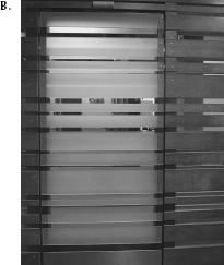 FIGURE 1.2. Problem Doors: Signifiers Are Needed. Door hardware can signal whether to push or pull without signs, but the hardware of the two doors in the upper photo, A, are identical even though one should be pushed, the other pulled. The flat, ribbed horizontal bar has the obvious perceived affordance of pushing, but as the signs indicate, the door on the left is to be pulled, the one on the right is to be pushed. In the bottom pair of photos, B and C, there are no visible signifiers or affordances. How does one know which side to push? Trial and error. When external signifiers—signs— have to be added to something as simple as a door, it indicates bad design. (Photographs by the author.)