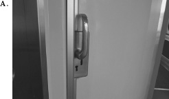 FIGURE 1.3. Sliding Doors: Seldom Done Well. Sliding doors are seldom signified properly. The top two photographs show the sliding door to the toilet on an Amtrak train in the United States. The handle clearly signifies “pull,” but in fact, it needs to be rotated and the door slid to the right. The owner of the store in Shanghai, China, Photo C, solved the problem with a sign. “DON’T PUSH!” it says, in both English and Chinese. Amtrak’s toilet door could have used a similar kind of sign. (Photographs by the author.)