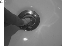 FIGURE 1.4. The Sink That Would Not Drain: Where Signifiers Fail. I washed my hands in my hotel sink in London, but then, as shown in Photo A, was left with the question of how to empty the sink of the dirty water. I searched all over for a control: none. I tried prying open the sink stopper with a spoon (Photo B): failure. I finally left my hotel room and went to the front desk to ask for instructions. (Yes, I actually did.) “Push down on the stopper,” I was told. Yes, it worked (Photos C and D). But how was anyone to ever discover this? And why should I have to put my clean hands back into the dirty water to empty the sink? The problem here is not just the lack of signifier, it is the faulty decision to produce a stopper that requires people to dirty their clean hands to use it. (Photographs by the author.)