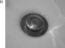 FIGURE 1.4. The Sink That Would Not Drain: Where Signifiers Fail. I washed my hands in my hotel sink in London, but then, as shown in Photo A, was left with the question of how to empty the sink of the dirty water. I searched all over for a control: none. I tried prying open the sink stopper with a spoon (Photo B): failure. I finally left my hotel room and went to the front desk to ask for instructions. (Yes, I actually did.) “Push down on the stopper,” I was told. Yes, it worked (Photos C and D). But how was anyone to ever discover this? And why should I have to put my clean hands back into the dirty water to empty the sink? The problem here is not just the lack of signifier, it is the faulty decision to produce a stopper that requires people to dirty their clean hands to use it. (Photographs by the author.)