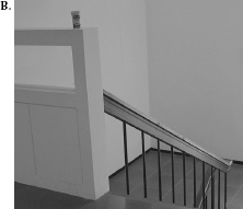 FIGURE 1.5. Accidental Affordances A. Can Become Strong Signifiers. This wall, at the Industrial Design department of KAIST, in Korea, provides an anti-affordance, preventing people from falling down the stair shaft. Its top is flat, an accidental by-product of the design. But flat surfaces afford support, and as soon as one person discovers it can be used to dispose of empty drink containers, the discarded container becomes a signifier, telling others that it is permissible to discard their items there. (Photographs by the author.)