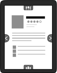FIGURE 1.6. Signifiers on a Touch Screen. The arrows and icons are signifiers: they provide signals about the permissible operations for this restaurant guide. Swiping left or right brings up new restaurant recommendations. Swiping up reveals the menu for the restaurant being displayed; swiping down, friends who recommend the restaurant.