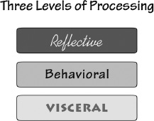 FIGURE 2.3. Three Levels of Processing: Visceral, Behavioral, and Reflective. Visceral and behavioral levels are subconscious and the home of basic emotions. The reflective level is where conscious thought and decision-making reside, as well as the highest level of emotions.