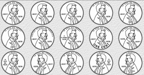 FIGURE 3.1. Which Is the US One-Cent Coin, the Penny? Fewer than half of the American college students who were given this set of drawings and asked to select the correct image could do so. Pretty bad performance, except that the students, of course, have no difficulty using the money. In normal life, we have to distinguish between the penny and other coins, not among several versions of one denomination. Although this is an old study using American coins, the results still hold true today using coins of any currency. (From Nickerson & Adams, 1979, Cognitive Psychology, 11 (3). Reproduced with permission of Academic Press via Copyright Clearance Center.)