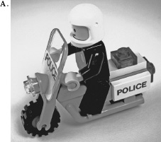 FIGURE 4.1. Lego Motorcycle. The toy Lego motorcycle is shown assembled (A) and in pieces (B). It has fifteen pieces so cleverly constructed that even an adult can put them together. The design exploits constraints to specify just which pieces fit where. Physical constraints limit alternative placements. Cultural and semantic constraints provide the necessary clues for further decisions. For example, cultural constraints dictate the placement of the three lights (red, blue, and yellow) and semantic constraints stop the user from putting the head backward on the body or the pieces labeled “police” upside down.