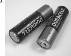 FIGURE 4.2. Cylindrical Battery: Where Constraints Are Needed. Figure A shows the traditional cylindrical battery that requires correct orientation in the slot to work properly (and to avoid damaging the equipment). But look at Figure B, which shows where two batteries are to be installed. The instructions from the manual are shown as an overlay to the photograph. They seem simple, but can you see into the dark recess to figure out which end of each battery goes where? Nope. The lettering is black against black: slightly raised shapes in the dark plastic.