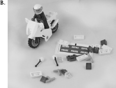 FIGURE 7.1. Featuritis Strikes Lego. Figure A shows the original Lego Motorcycle available in 1988 when I used it in the first edition of this book (on the left), next to the 2013 version (on the right). The old version had only fifteen pieces. No manual was needed to put it together. For the new version, the box proudly proclaims “29 pieces.” I could put the original version together without instructions. Figure B shows how far I got with the new version before I gave up and had to consult the instruction sheet. Why did Lego believe it had to change the motorcycle? Perhaps because featuritis struck real police motorcycles, causing them to increase in size and complexity and Lego felt that its toy needed to match the world. (Photographs by the author.)
