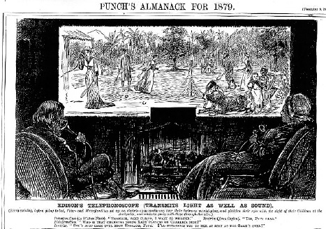 FIGURE 7.3 Predicting the Future: The Videophone in 1879. The caption reads: “Edison’s Telephonoscope (transmits light as well as sound). (Every evening, before going to bed, Pater- and Materfamilias set up an electric camera-obscura over their bedroom mantel-piece, and gladden their eyes with the sight of their children at the Antipodes, and converse gaily with them through the wire.”) (Published in the December 9, 1878, issue of Punch magazine. From “Telephonoscope,” Wikipedia.)